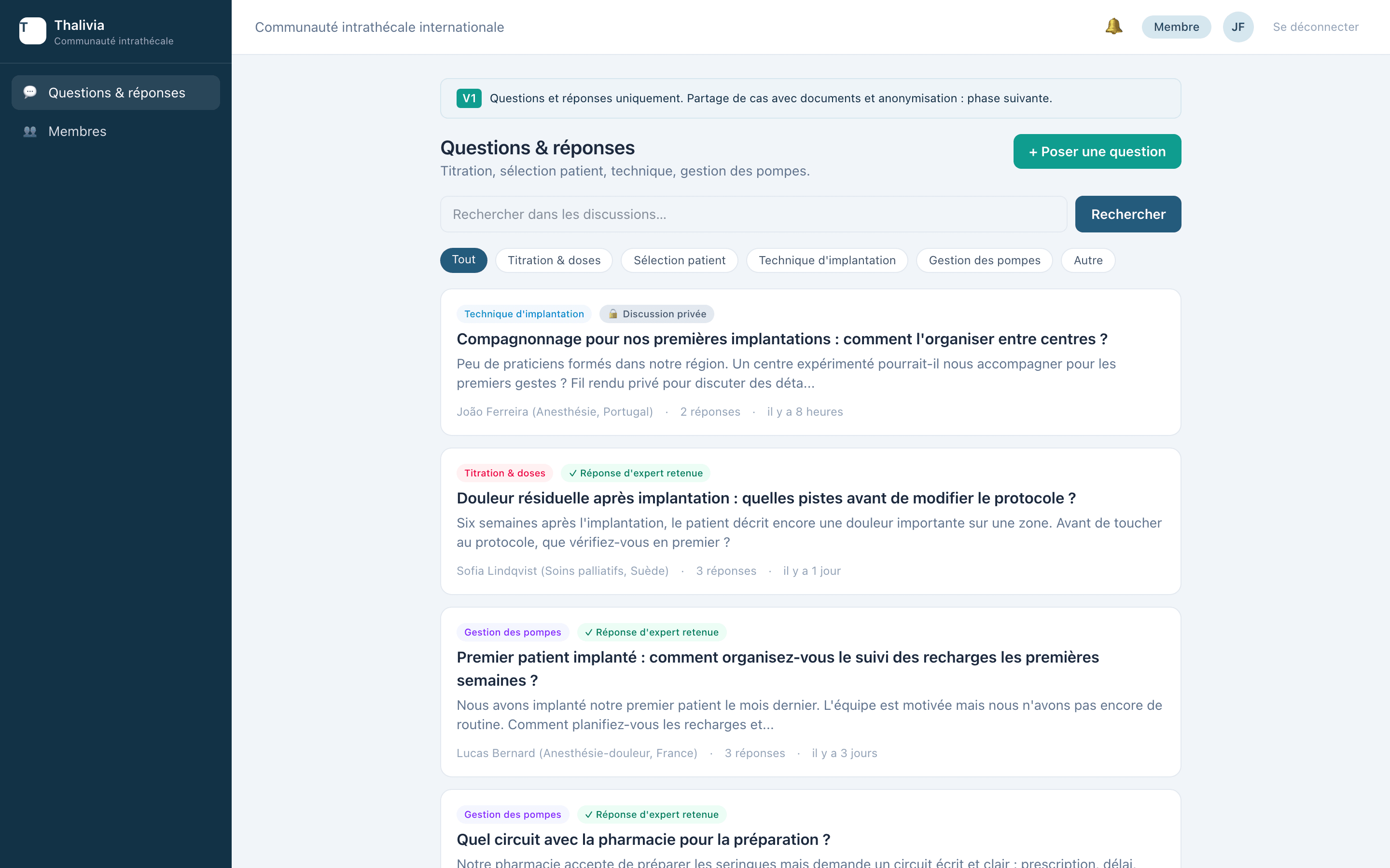 Thalivia Community : liste des questions par catégorie, avec réponses d'experts retenues (données fictives)