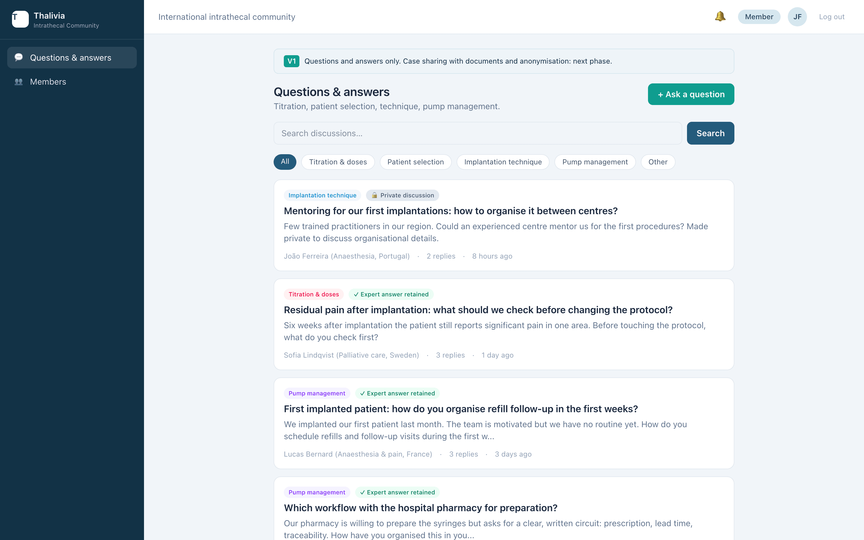 Thalivia Community: list of questions by category, with expert answers retained (fictitious data)