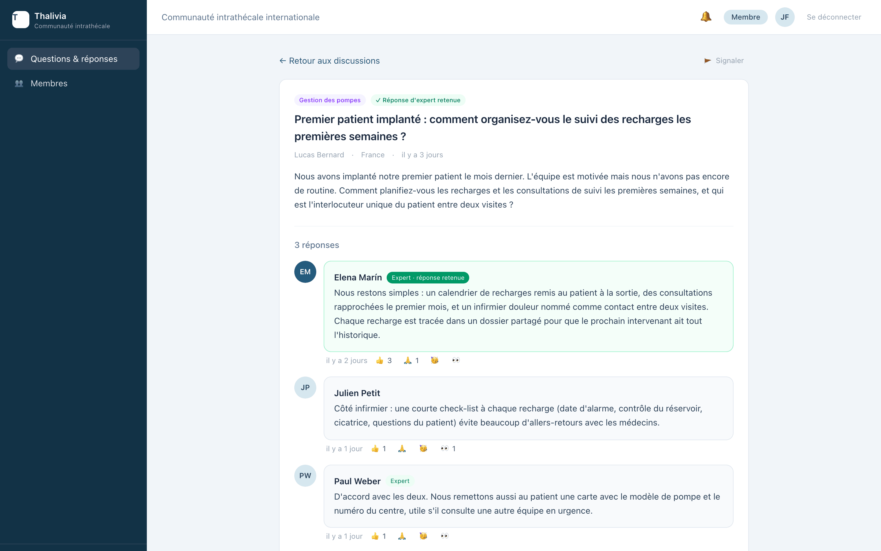 Un fil de discussion Thalivia Community avec des réponses et une réponse d'expert retenue (données fictives)