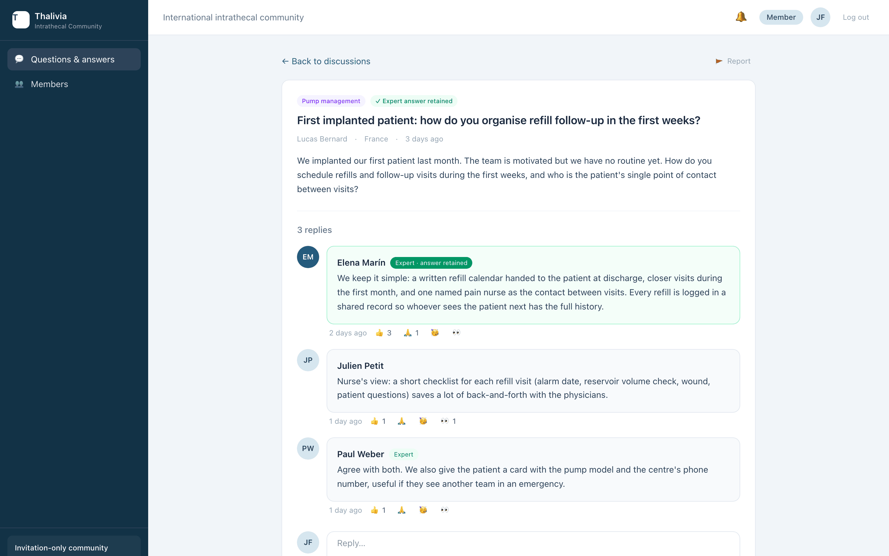 A Thalivia Community discussion thread with replies and an expert answer retained (fictitious data)